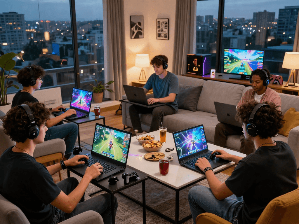 Group of friends enjoying gaming with bonus new member 100 offers visible on screens