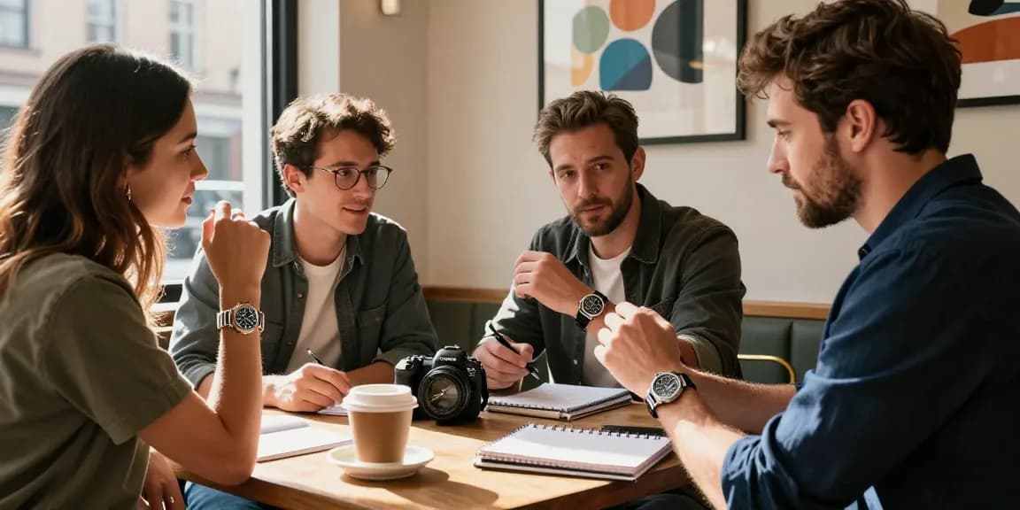Enthusiasts discussing a luxury replica watch in a stylish urban café, with warm sunlight enhancing the cozy atmosphere.