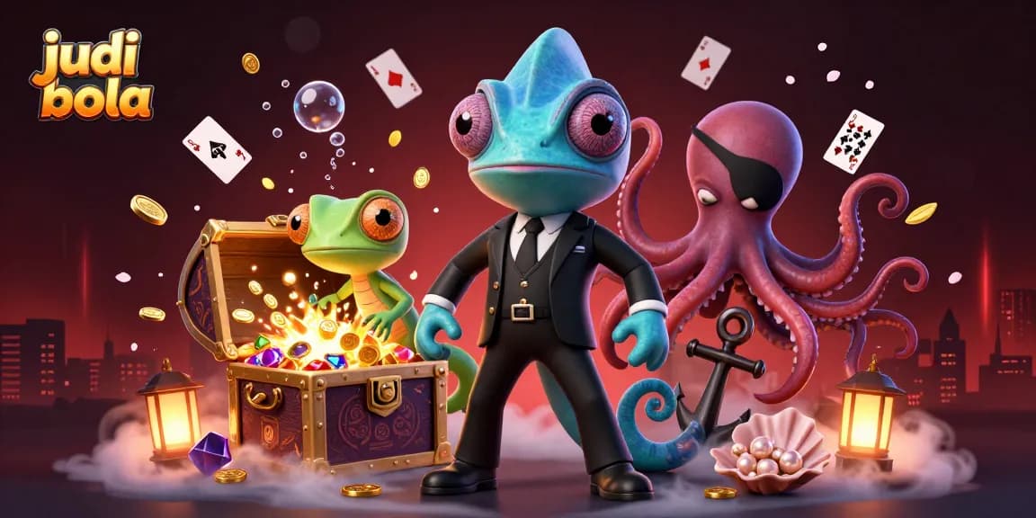 Experience exciting judi bola action with a vibrant scene featuring a chameleon, gecko, and octopus amidst treasures.