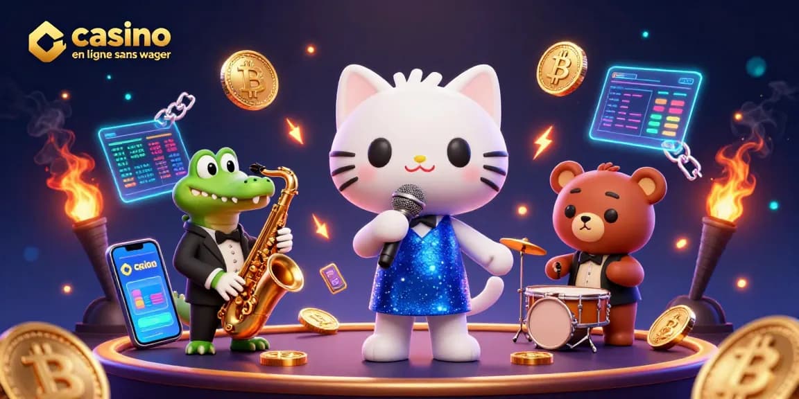 Un chat chanteur à un micro et un crocodile avec un saxophone illustrant un casino en ligne sans wager.