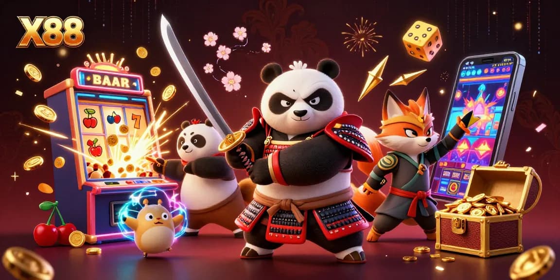 X88 players master thrilling casino adventures with a samurai panda in a vibrant, action-packed illustration.