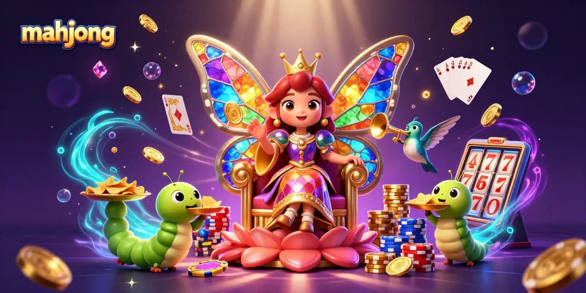Engage in exciting mahjong action with a butterfly queen and her vibrant casino scene.