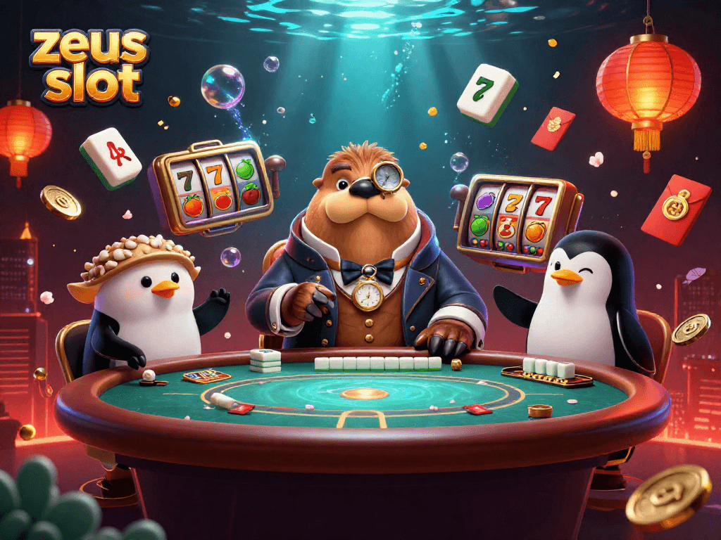 Experience the excitement of zeus slot with a vibrant 3D illustration of characters playing underwater casino games.