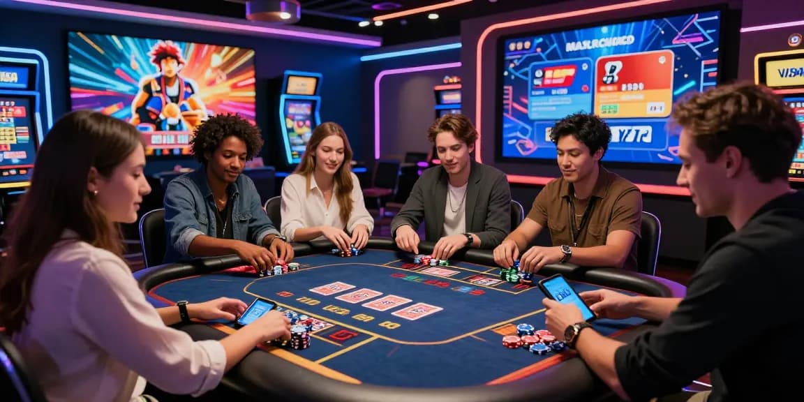 Online casino players engaging in live dealer games, showcasing credit card options like Visa and Mastercard at https://ieee.org.uk with vibrant atmosphere.