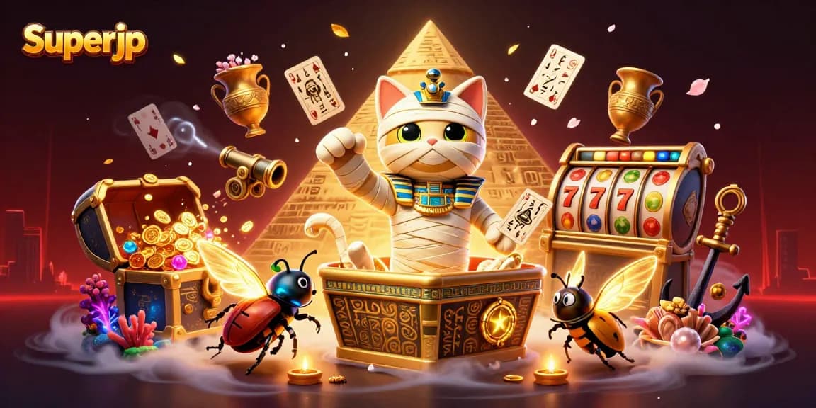 Experience winning thrills with superjp as a cartoon Egyptian mummy cat bursts from its sarcophagus in a vibrant casino.