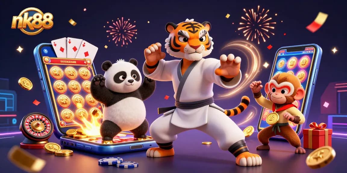 Engage with nk88's immersive online casino experience featuring a kung fu tiger, panda disciple, and monkey student.