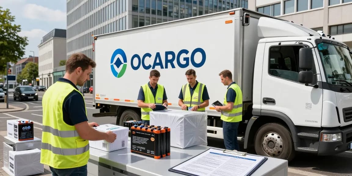 Batterie Transport von Dortmund: Experten prüfen sicher verpackte Batterien in urbaner Logistikumgebung