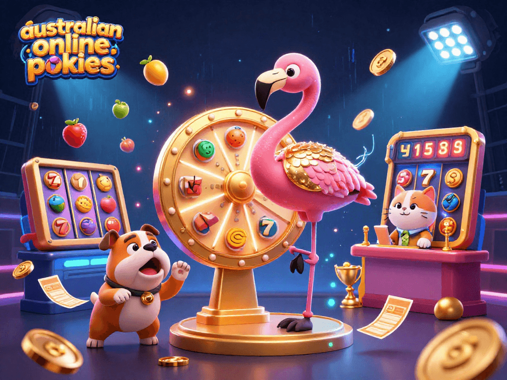 Experience exciting australian online pokies with vibrant character scenes showcasing spins and lucky winnings.