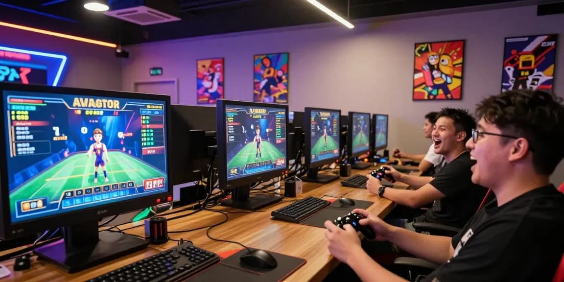 Aviator crash game with players celebrating winnings in an animated gaming café.