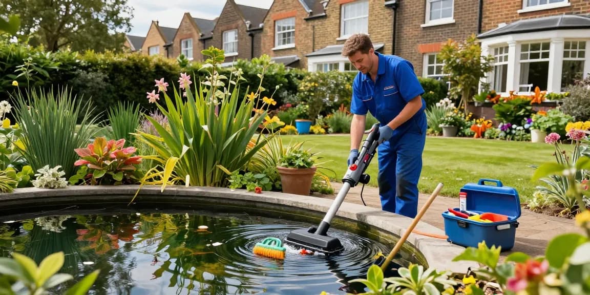 Pond Cleaning London by professional technician removing debris while ensuring a pristine garden pond.