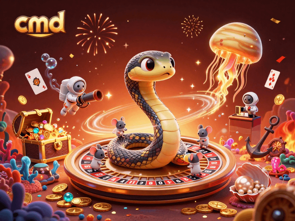 Spin the cosmic roulette with cmd in a vibrant 3D gambling scene filled with festive characters.