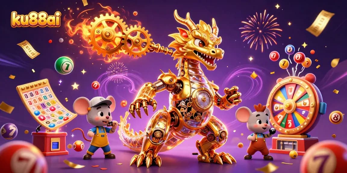 ku88ai showcases a dynamic casino scene with a dragon and colorful lottery elements.