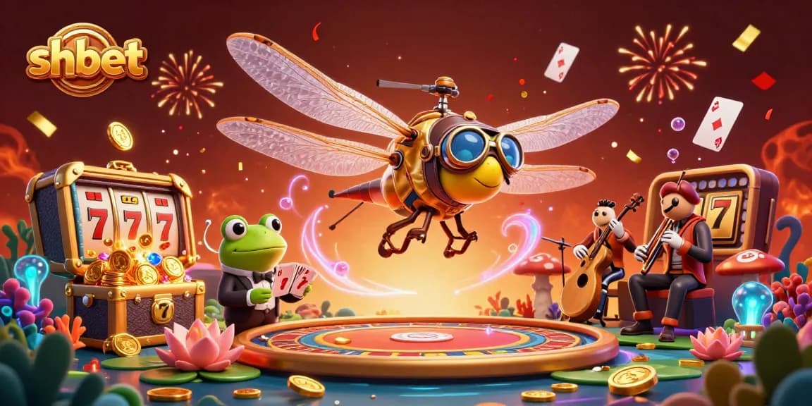 Spin the reels of shbet's vibrant casino world with a lively dragonfly pilot and frog croupier.
