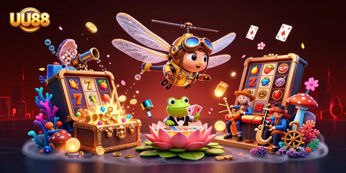 UU88 illustrates a vibrant, engaging casino scene with dynamic slot game elements and a lively atmosphere.
