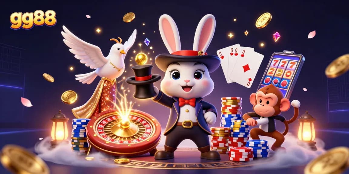 Engaging scene of a 3D magician rabbit, dove, and monkey amidst gold coins and poker chips at gg88.