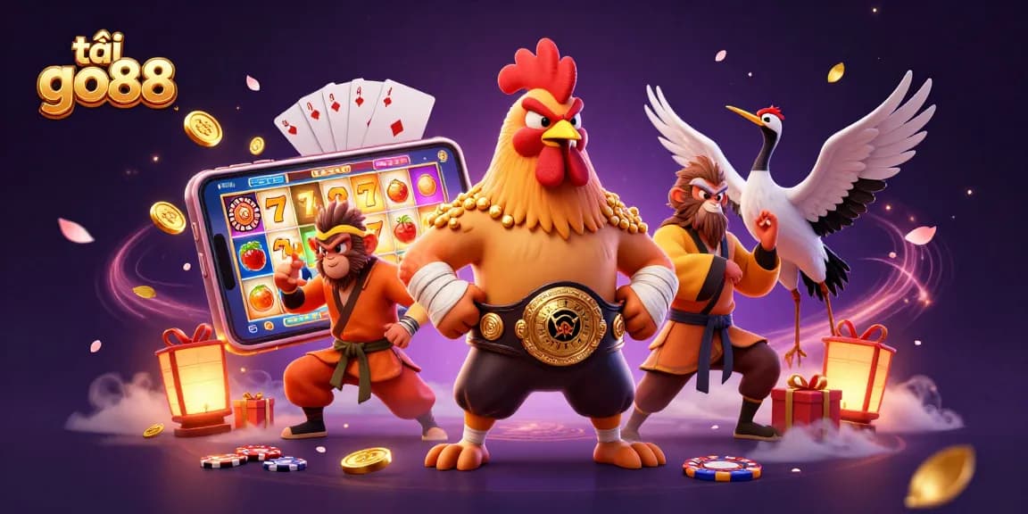 Tải go88 app showcases thrilling gaming features with vibrant graphics and engaging characters in a colorful casino illustration.