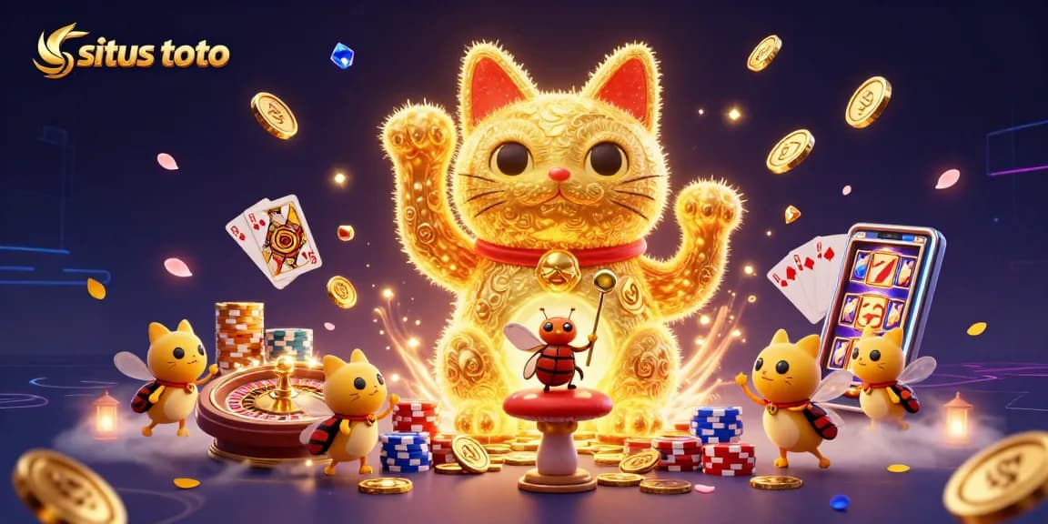 Engage with Situs Toto featuring a lucky cat and casino symbols in a vibrant 3D illustration.
