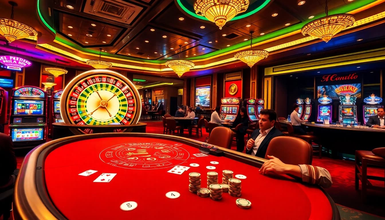 Experience the excitement of gaming at jun88.buzz, featuring a lively poker table and roulette wheel scene.