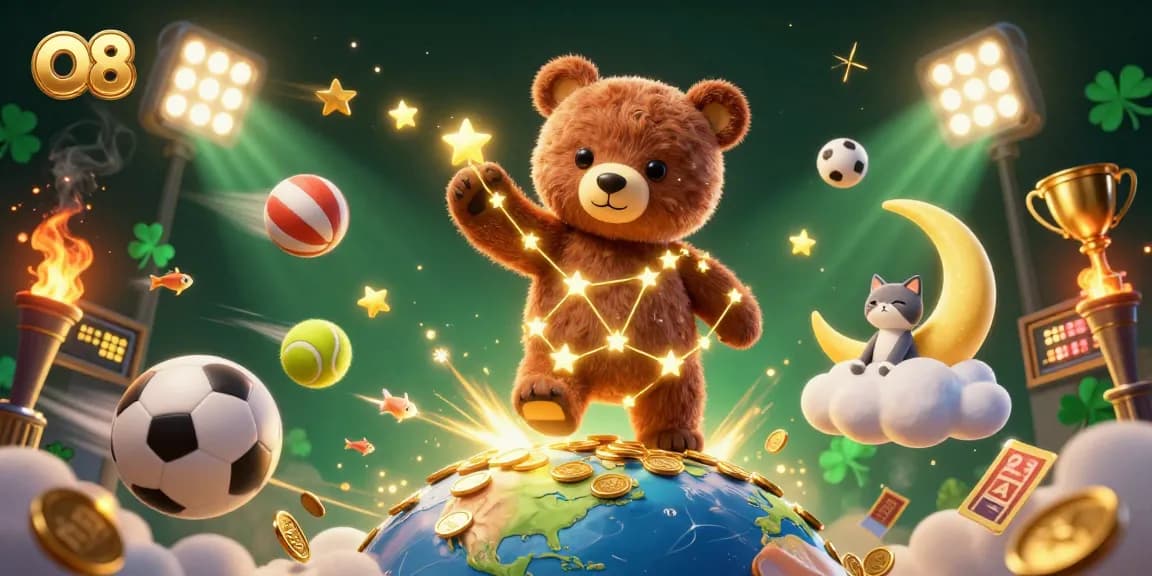 O8 showcases a 3D constellation bear collecting coins, surrounded by sports-themed elements in a captivating casino illustration.