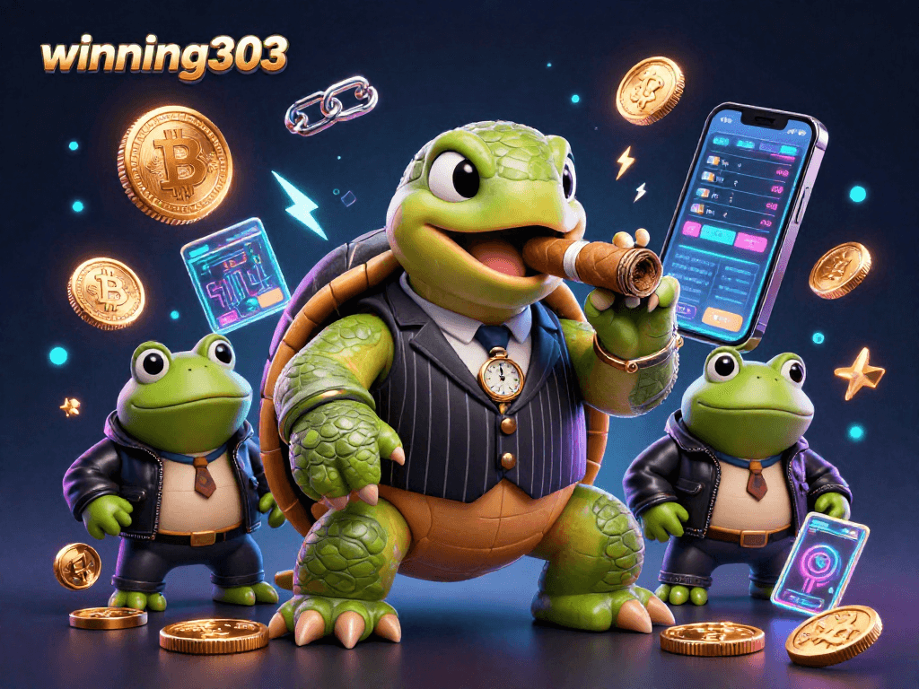 Winning303 showcases a vibrant 3D illustration of a mobster turtle and frog enforcers in a crypto casino scene.