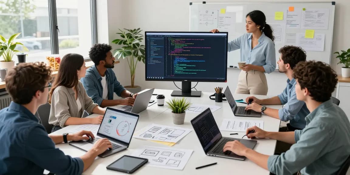 Diverse team collaborating on software development concepts at a vibrant workspace reflecting cika4d innovation.