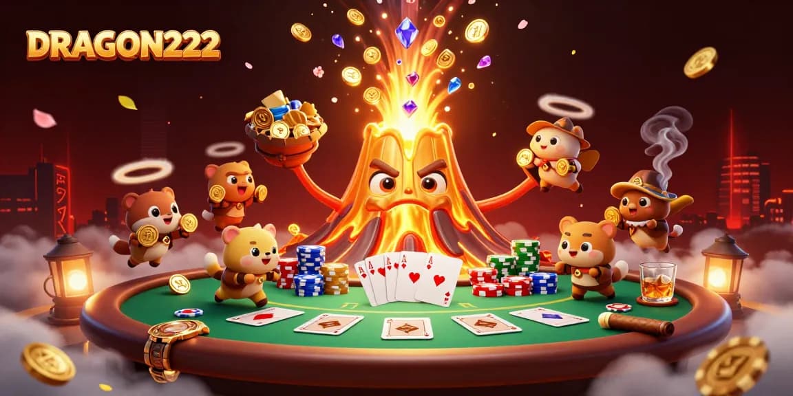 Engage with DRAGON222's thrilling volcano of treasures and poker action in a vibrant casino scene.