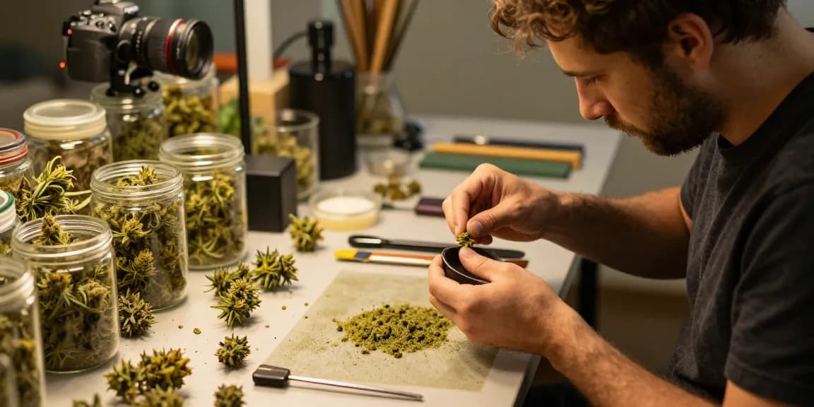 Artisan using a hash sieb for cannabis trichome separation.
