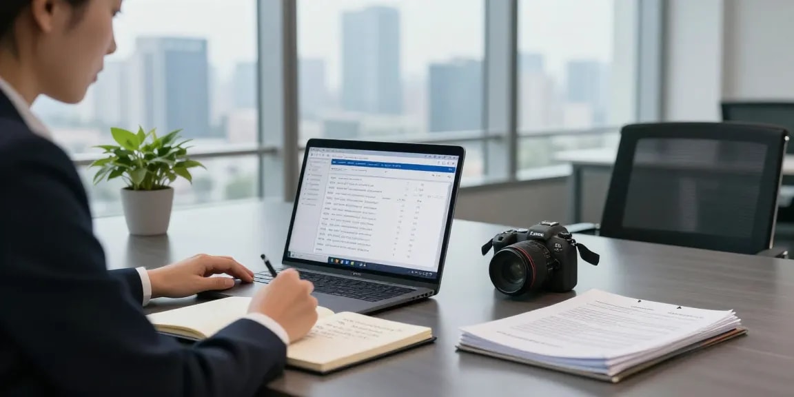 Financial consultant analyzing asset tracing data on laptop in modern office.