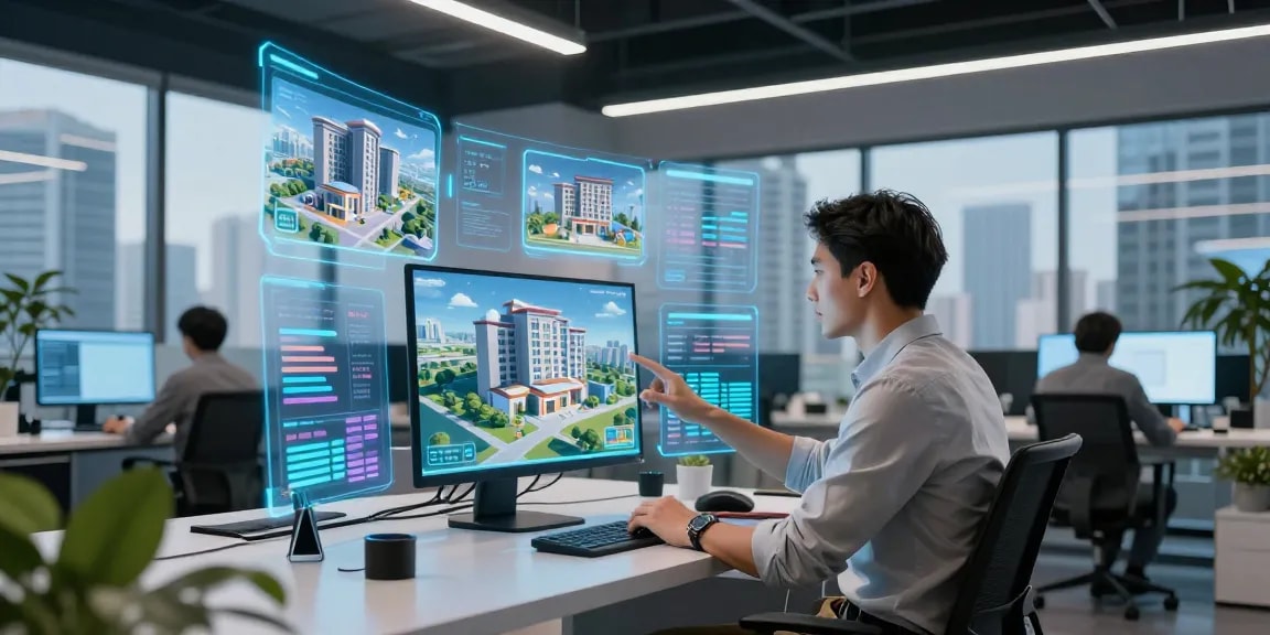 Engaging virtual property management with rokok88 in a futuristic workspace.