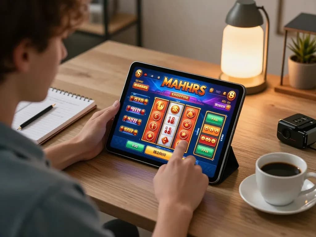 Situs gacor player enjoying Mahjong slots on a tablet, showcasing strategic gameplay in a modern home setting.