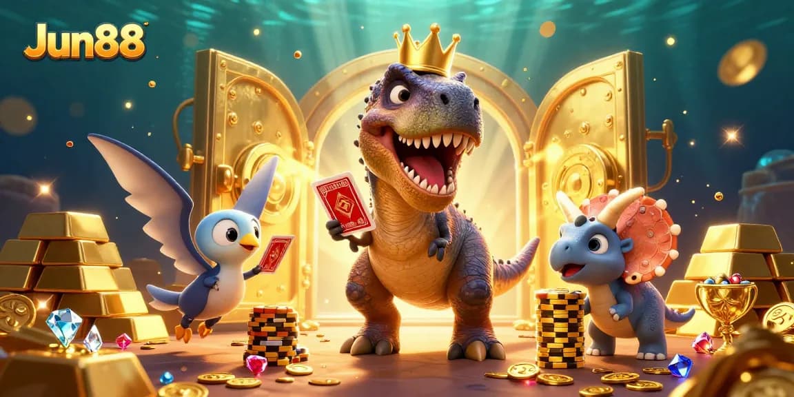 Experience thrilling gaming with Jun88 amidst treasures in a vibrant casino setup.