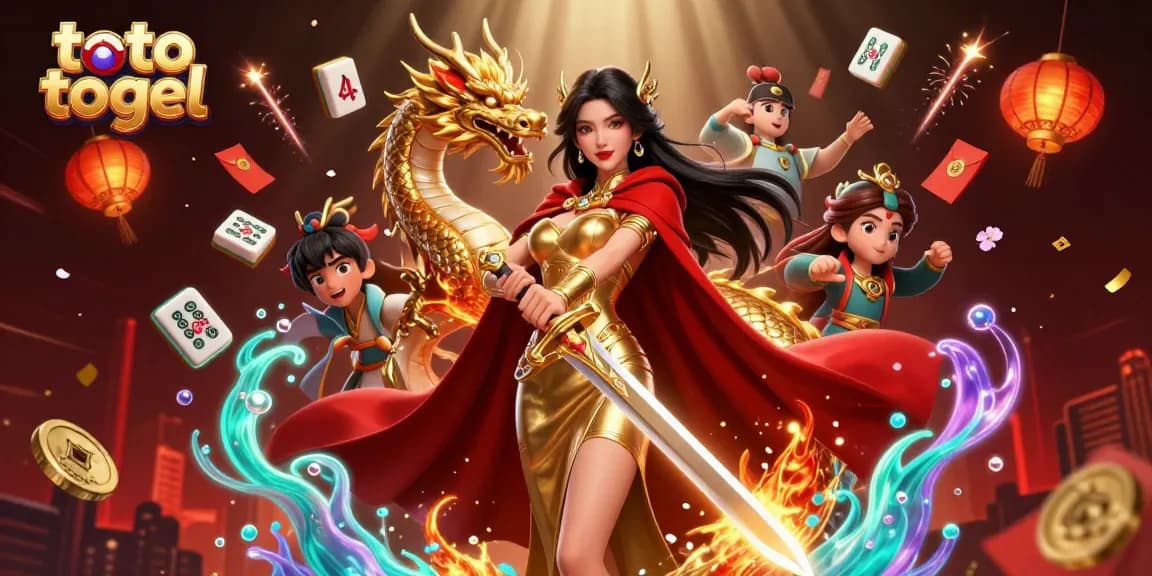 Taruhan pada permainan toto togel yang mendebarkan dengan adegan dinamis ratu dan naga di tengah elemen festival.