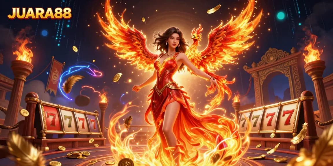 Experience the thrill of JUARA88 with a stunning Asian woman in a fiery gown, flying phoenix, and slot reels.