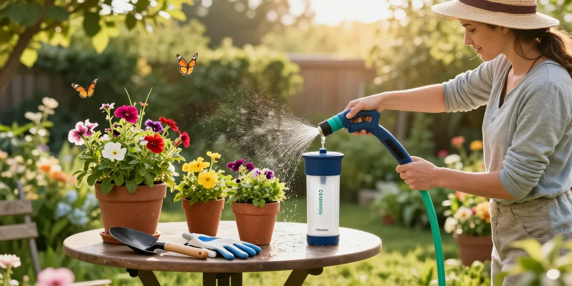 Gardener using the Filterlogic Garden Hose Water Filter to ensure healthy plants in a vibrant backyard.