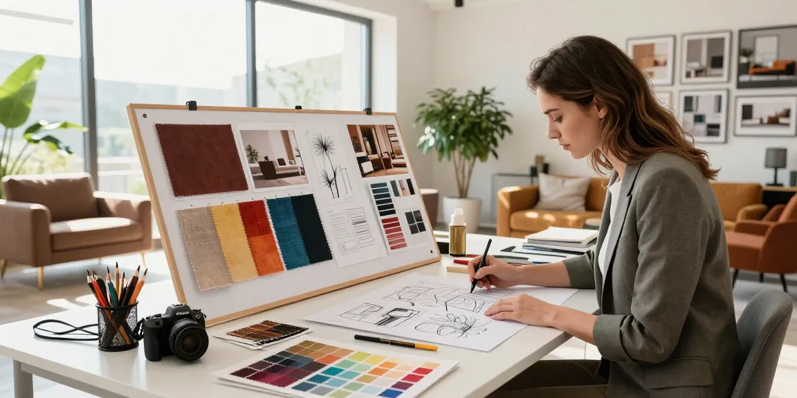 Designer at DGI Chicago planning innovative interior spaces with swatches and sketches