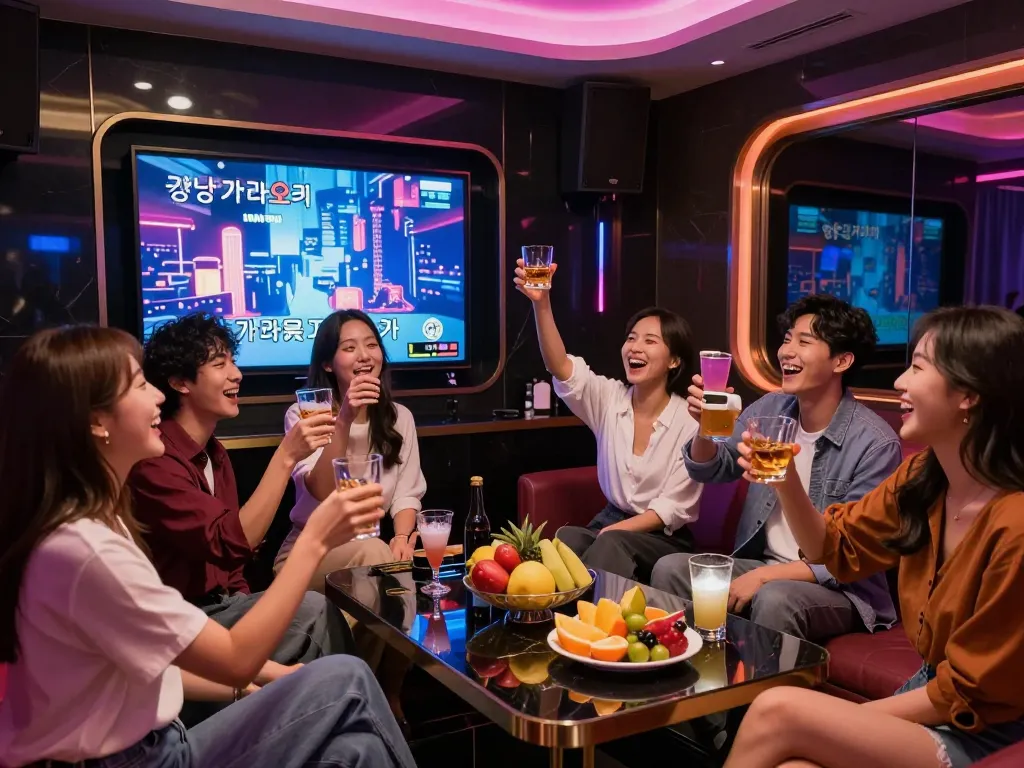 Enjoying a vibrant night at 강남 가라오케, friends celebrating in a luxurious private room with drinks and karaoke.