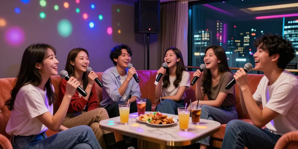 Experience the lively atmosphere at 강남 엘리트 가라오케 with friends enjoying a vibrant karaoke session.
