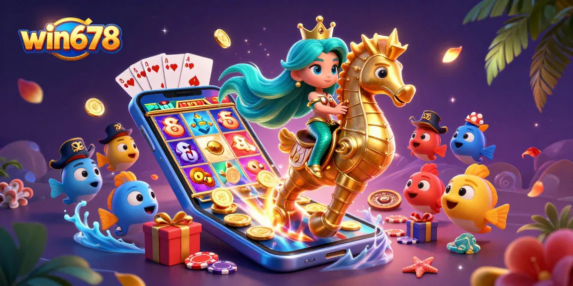 Win678 offers a vibrant casino experience featuring a magical mermaid princess and colorful characters enjoying slot games.