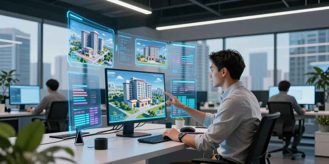 Engaging virtual property management with rokok88 in a futuristic workspace.