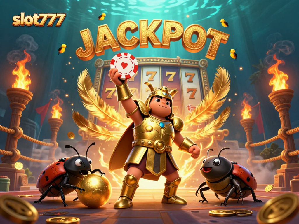 Play slots and hit big wins at slot777 with a victorious beetle and exciting elements in a dynamic casino scene.