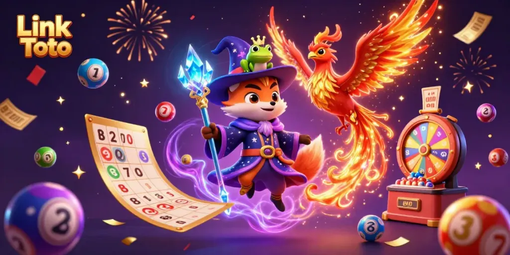 Menangkan banyak hadiah dengan permainan Link Toto yang dikelilingi bola lotere berwarna-warni dan elemen kasino yang menarik.