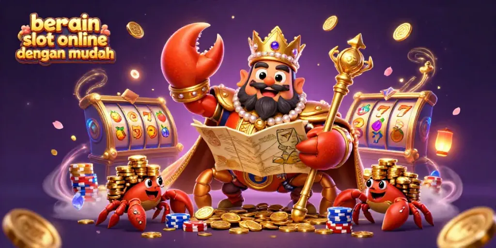 Menggambarkan permainan casino menarik, bermain slot online dengan mudah dengan simbol keberuntungan dan grafik yang bersinar.