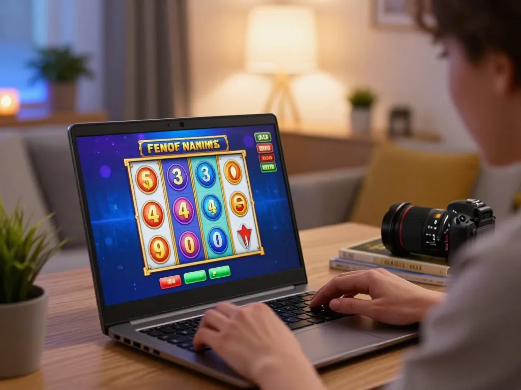 Play online slot games at home with 92slot on a laptop, showcasing vibrant reels and engaging features.