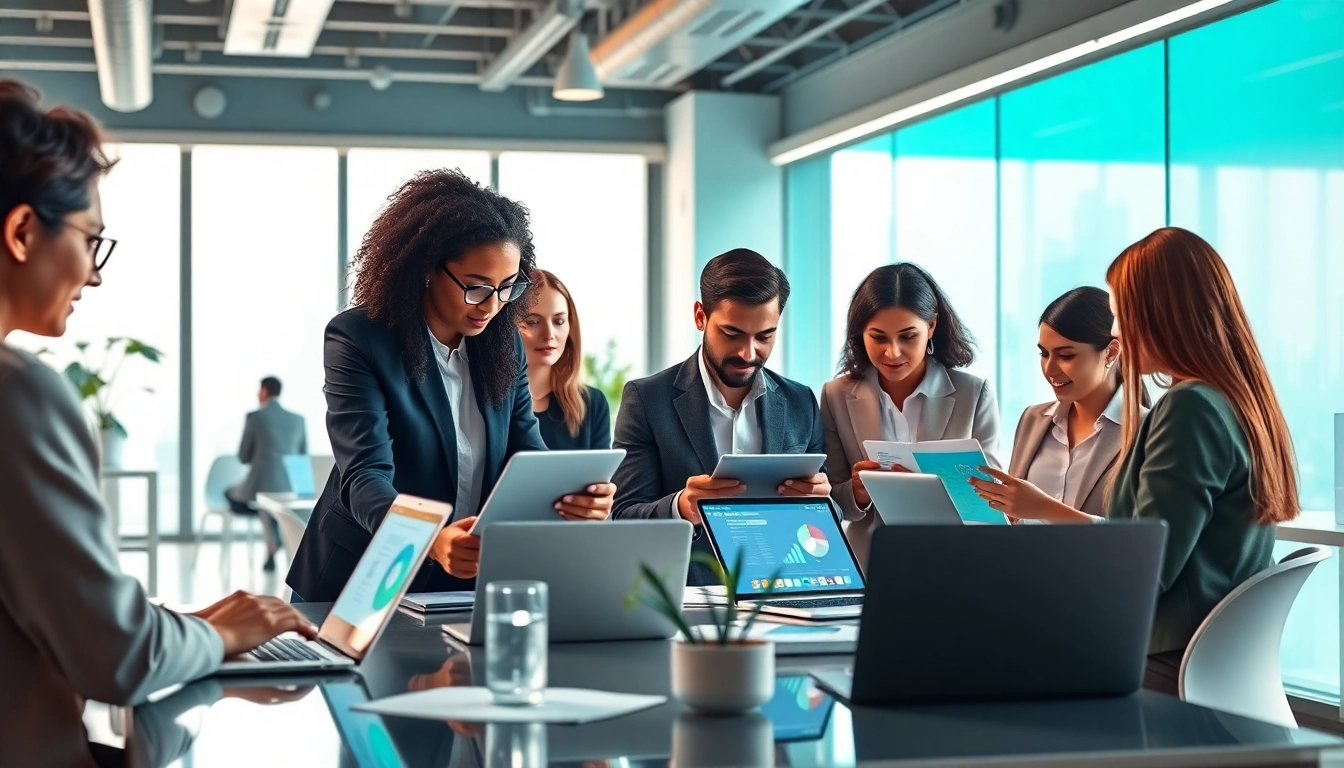 Collaborative professionals efficiently using WPS Office软件下载 in a modern workspace.