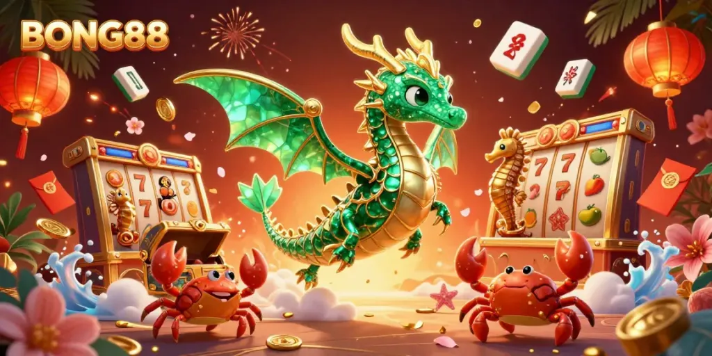 Experience the vibrant energy of BONG88, featuring a sea dragon, treasures, and slot elements.