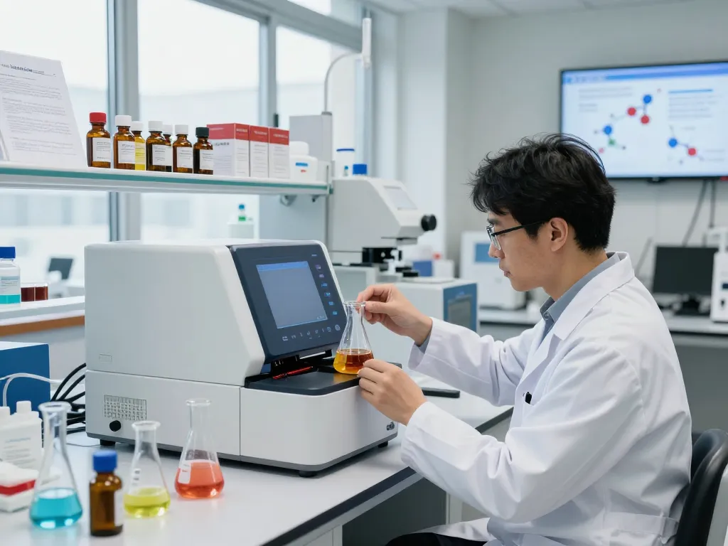 Cannabinoid manufacturer Europe lab scene with scientist analyzing high-quality extracts and advanced equipment.