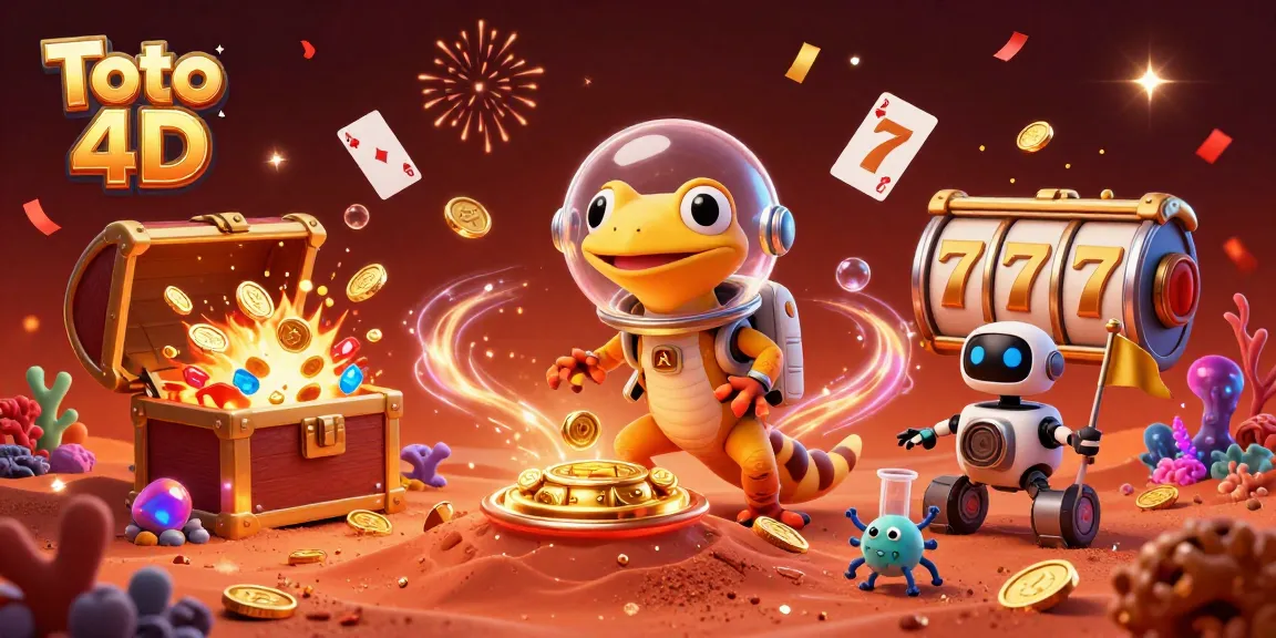 Spin the reels at Toto 4D casino while a Martian gecko explores treasure in this vibrant scene.