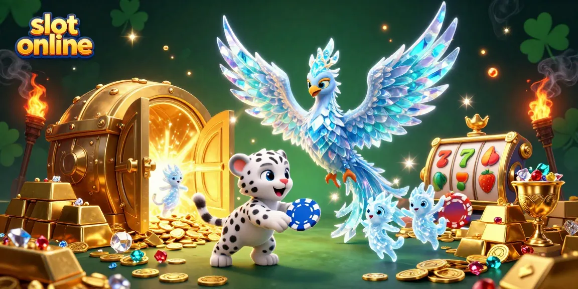 Engage with slot online adventures featuring a vibrant scene of an ice phoenix and treasures.