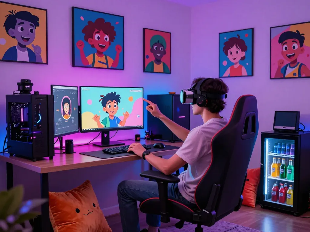 Engaging NSFW character AI interaction in a colorful digital art space with gaming equipment.