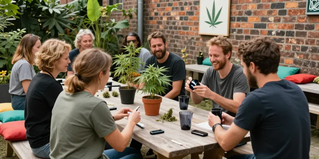Social interaction at a cannabis club Osnabrück featuring adults enjoying community activities.